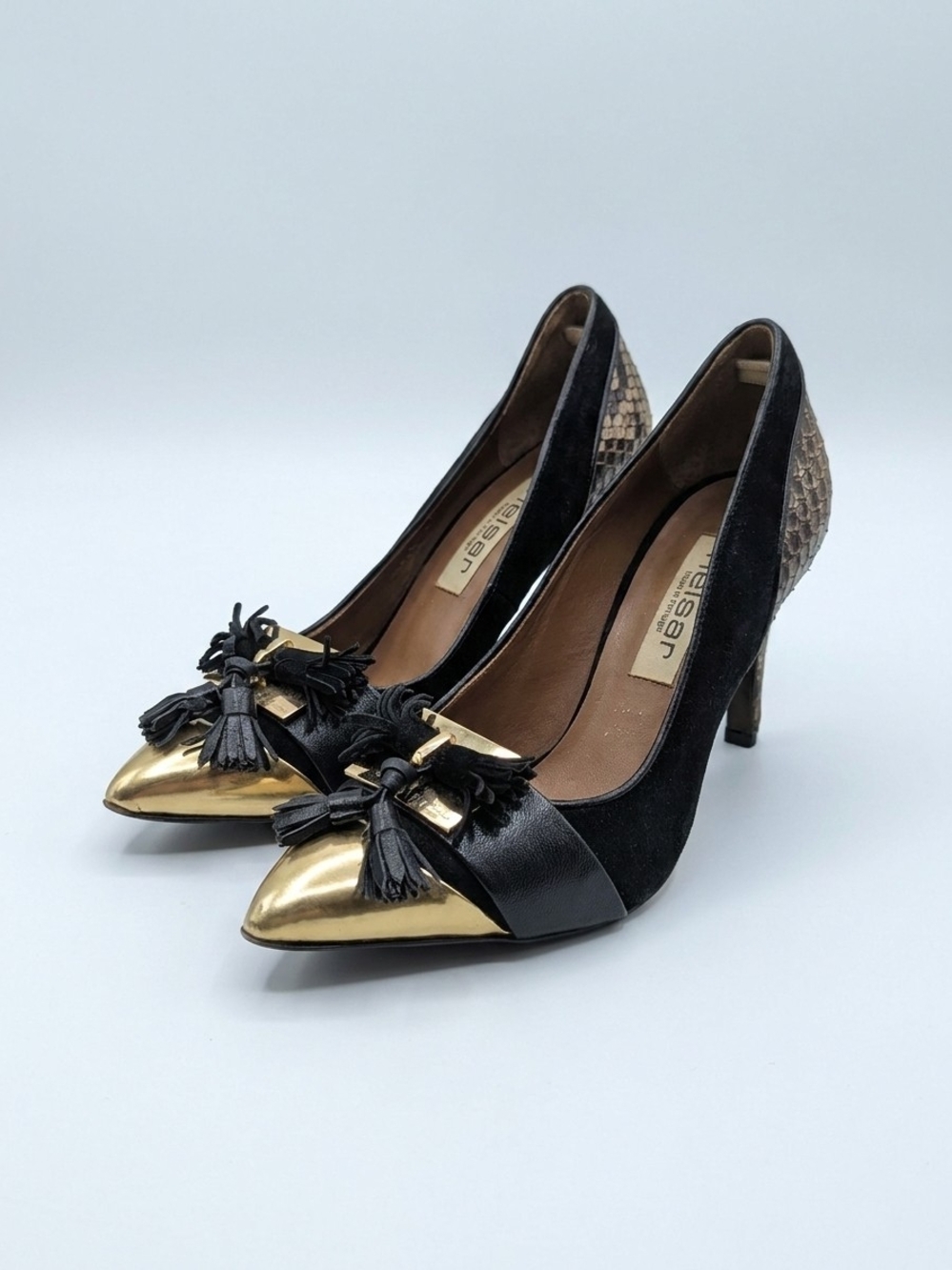Black & Gold Pointed Tassel Pumps by
